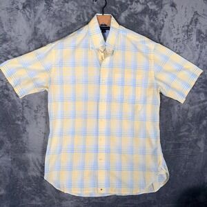 Tommy Hilfiger Mens Button Down Shirt S Yellow Blue Plaid Short Sleeve Cotton